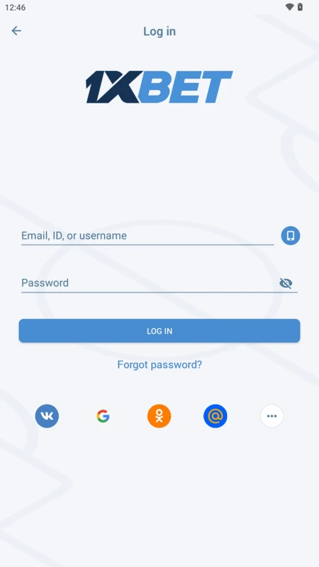 شاشة تسجيل الدخول في تطبيق 1xBet